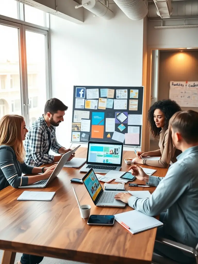 A diverse team brainstorming ideas in a modern office, symbolizing SableWorksDG's collaborative and innovative approach.